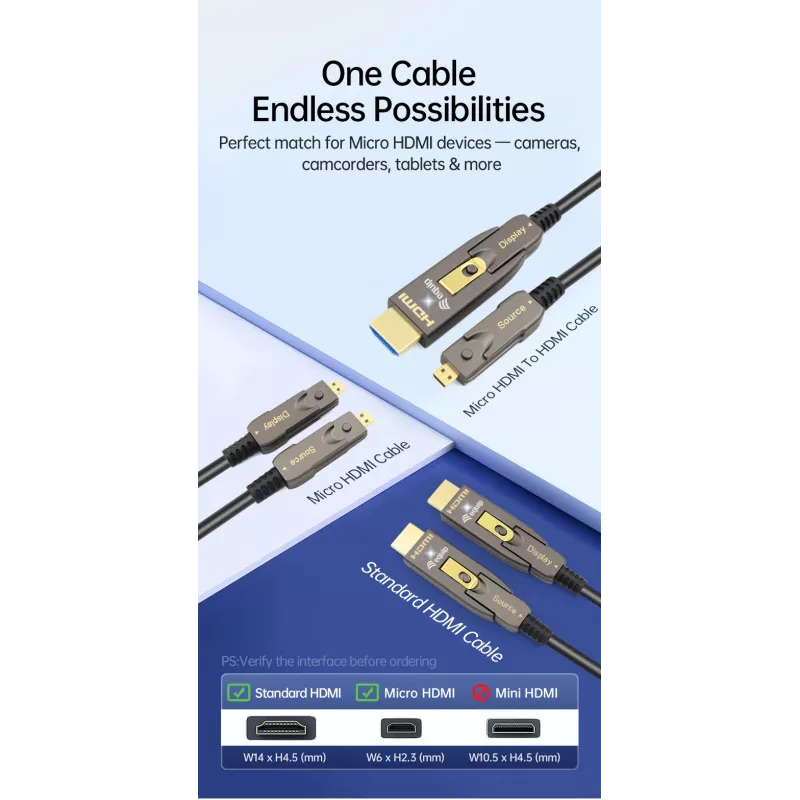 EQUIP HDMI 2.1 aktívny optický kábel 10 m – odnímateľný Type-D (Micro) + Type-A, 48 Gbit/s, 8K/60 Hz