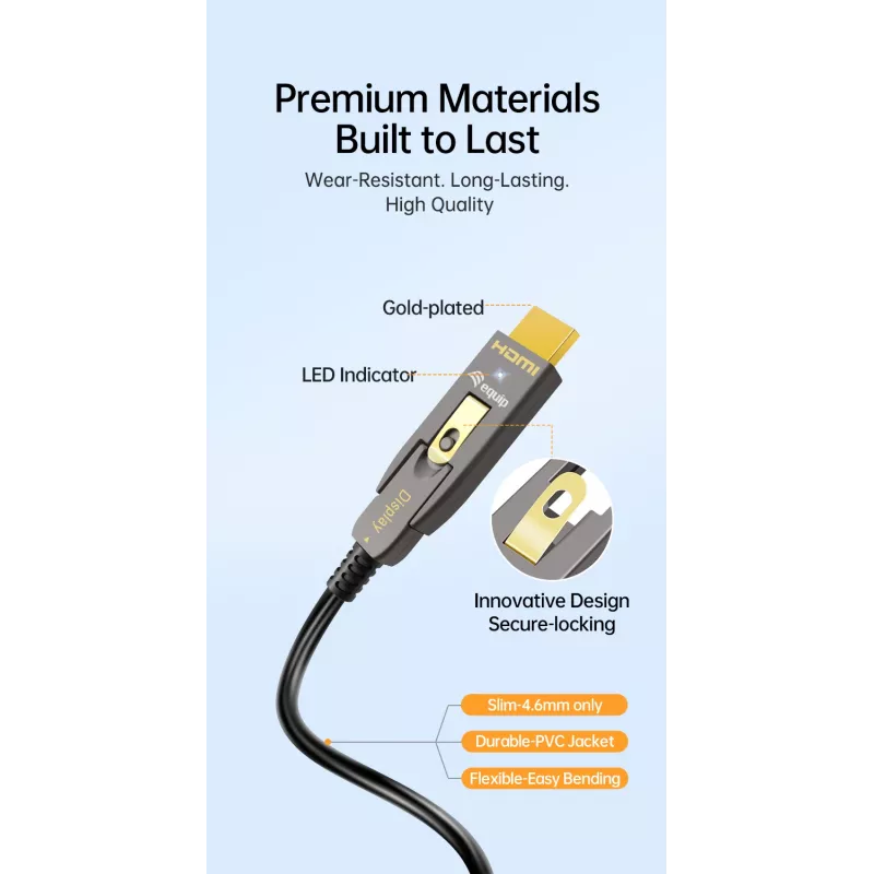 EQUIP HDMI 2.1 aktívny optický kábel 10 m – odnímateľný Type-D (Micro) + Type-A, 48 Gbit/s, 8K/60 Hz