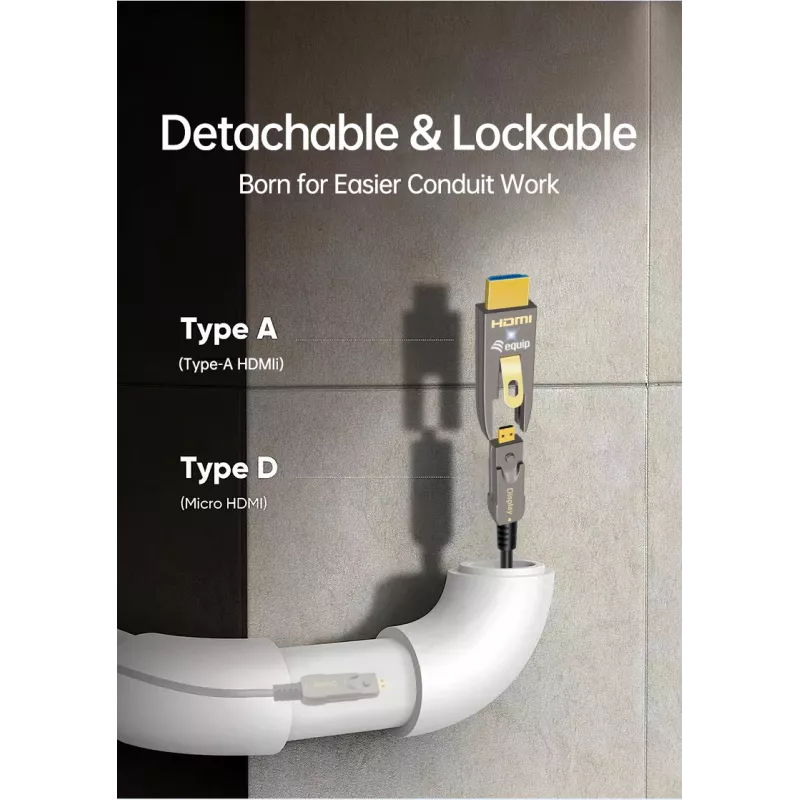 EQUIP HDMI 2.1 aktívny optický kábel, odnímateľné Type-D a A konektory, 20 m, 48 Gbit/s, 8K/60 Hz