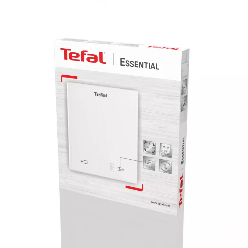 Elektronická kuchynská váha Tefal Essential BC5504V0 — nosnosť 5 kg, presnosť 1 g, LCD displej, biela