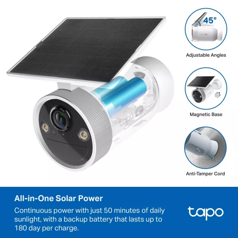TP-Link Tapo Enhanced AI Solar Security Camera Ultra, bezdrôtová, Bullet, Wi-Fi, vonkajšia, 850 nm, 512 GB