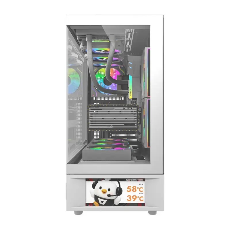 Počítačová skriňa DarkFlash DS950V s integrovaným displejom, biela, vrátane 6 ventilátorov