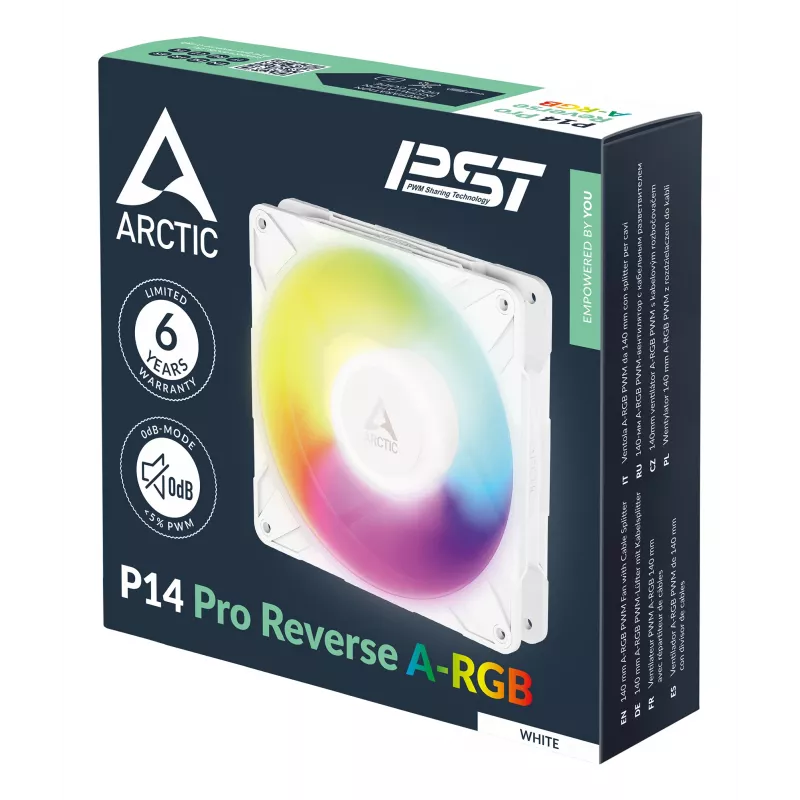 ARCTIC Freezer P14 Pro Reverse A-RGB (White) – 3 Pack – 140 mm A-RGB PWM ventilátor s rozbočovačom káblov