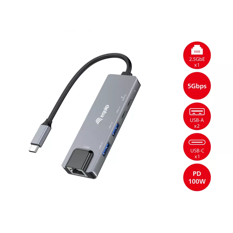 Equip 5-in-1 multifunkčný adaptér, 2,5GbE, USB-A x 2, USB-C x 1, USB-C, 100W USB PD