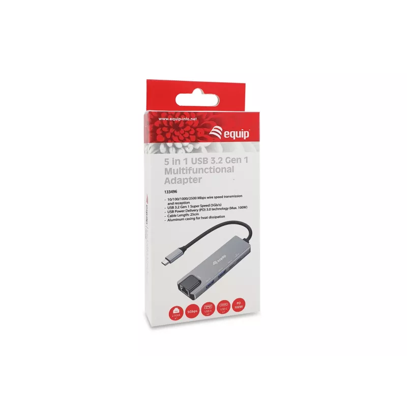 Equip 5-in-1 multifunkčný adaptér, 2,5GbE, USB-A x 2, USB-C x 1, USB-C, 100W USB PD