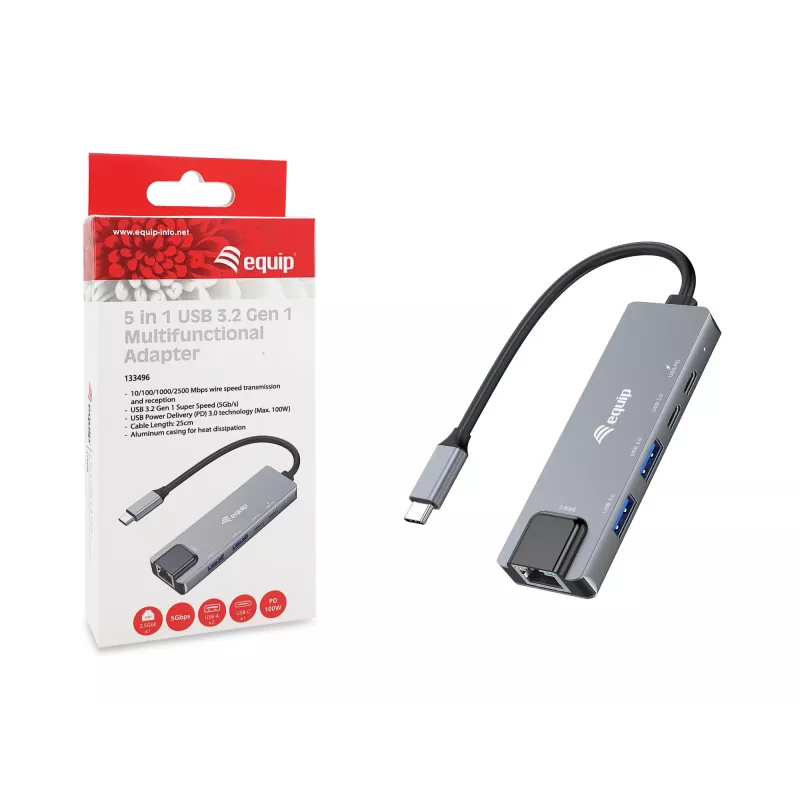 Equip 5-in-1 multifunkčný adaptér, 2,5GbE, USB-A x 2, USB-C x 1, USB-C, 100W USB PD