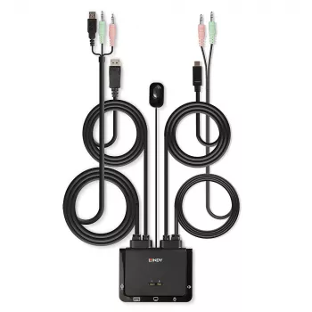 Lindy 2-portový DisplayPort 1.2, USB Type-C, USB 2.0 a audio kábel KVM switch