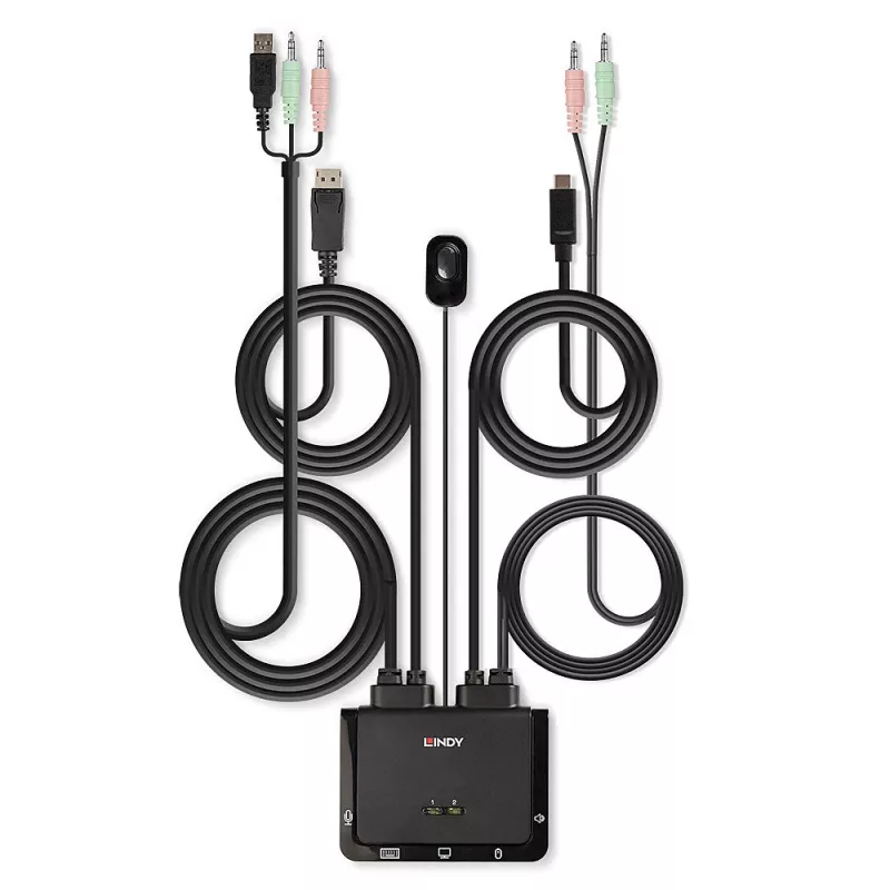 Lindy 2-portový DisplayPort 1.2, USB Type-C, USB 2.0 a audio kábel KVM switch