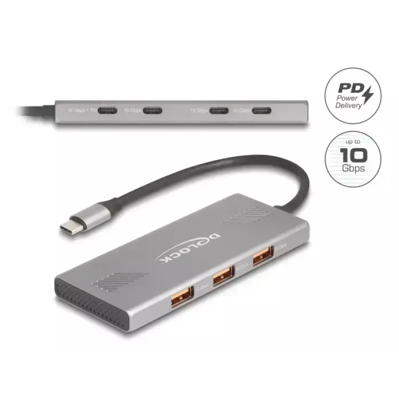 DELOCK USB 3.2 Gen 2 Type-C hub 7-portový (4×Type-C, 3×Type-A) 10 Gbit/s sivý