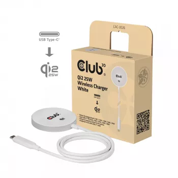 Bezdrôtová nabíjacia podložka club 3d CAC-3026 25W Qi2 magnetická podložka, Qi 2.2 MagSafe kompatibilná, 1 m kábel, biela