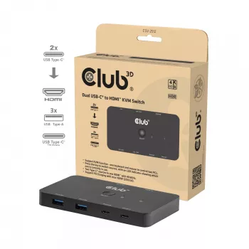 KVM switch club 3d Dual USB-C to HDMI, 2-portový, 4K UHD 3840x2160, USB-C konzola, 65W PD, čierny