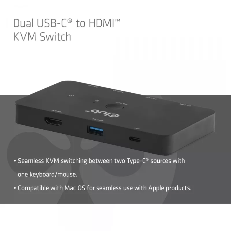 KVM switch club 3d Dual USB-C to HDMI, 2-portový, 4K UHD 3840x2160, USB-C konzola, 65W PD, čierny