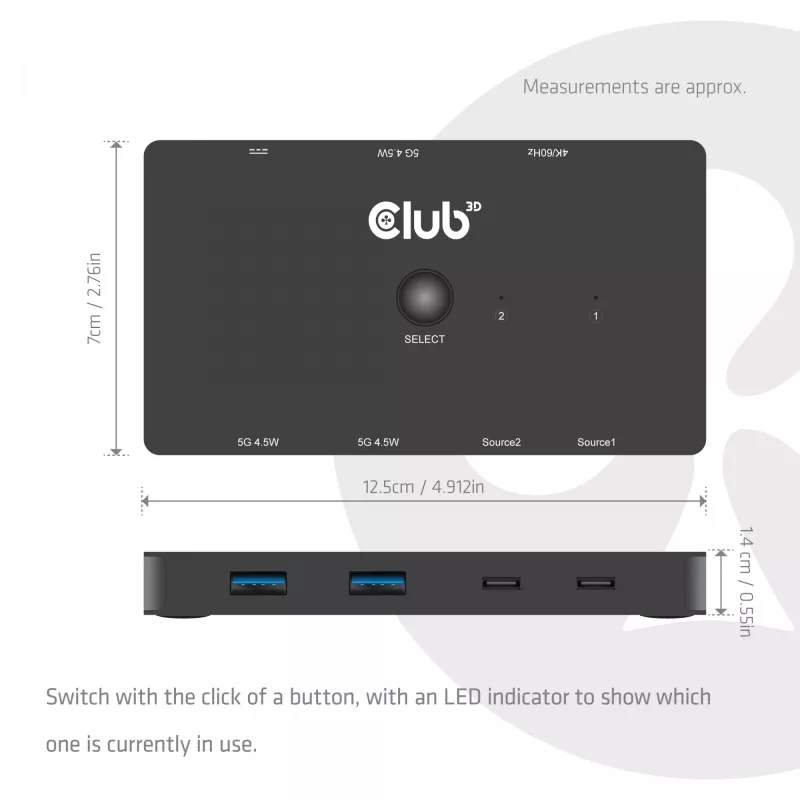KVM switch club 3d Dual USB-C to HDMI, 2-portový, 4K UHD 3840x2160, USB-C konzola, 65W PD, čierny