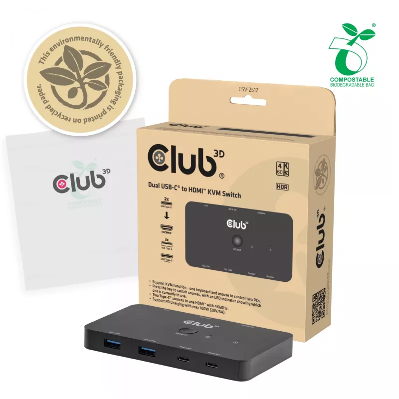 KVM switch club 3d Dual USB-C to HDMI, 2-portový, 4K UHD 3840x2160, USB-C konzola, 65W PD, čierny