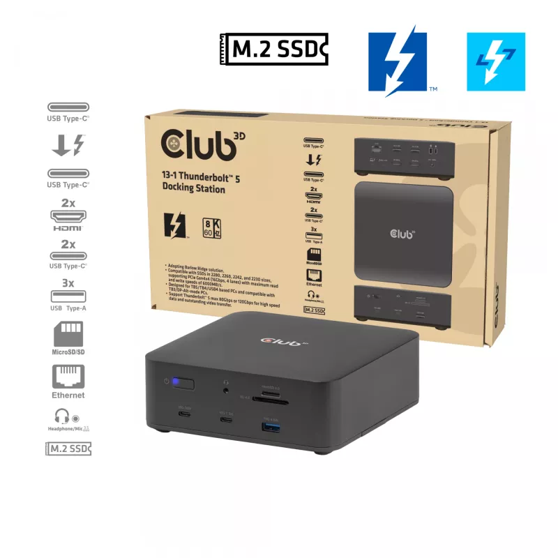 Dokovacia stanica CLUB3D CSV-2562 Thunderbolt 5, M.2 SSD, 2×HDMI 8K60Hz, 180W, 120 Gbit/s