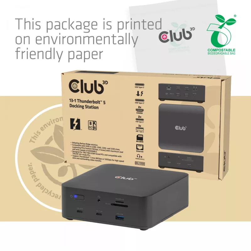 Dokovacia stanica CLUB3D CSV-2562 Thunderbolt 5, M.2 SSD, 2×HDMI 8K60Hz, 180W, 120 Gbit/s