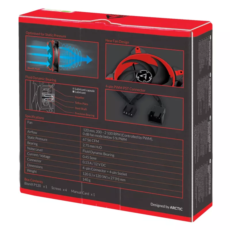 ARCTIC BioniX P120 (červený) – 120 mm herný ventilátor optimalizovaný na tlak s PWM PST