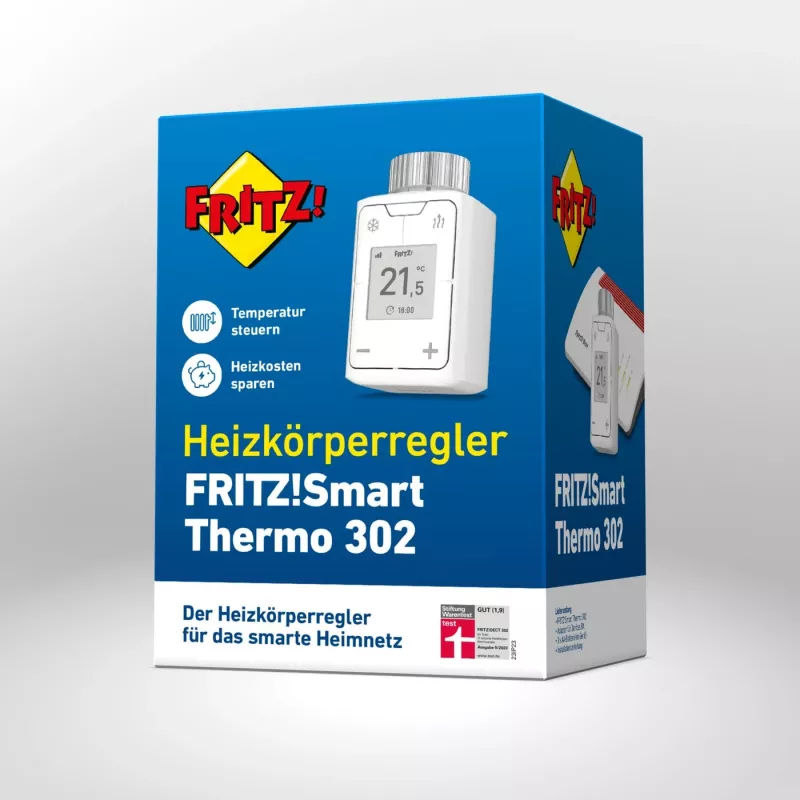 FRITZ Smart Thermo 302 termostat (interiérový), biely, ovládanie tlačidlami, AA batéria, 51×51×90 mm