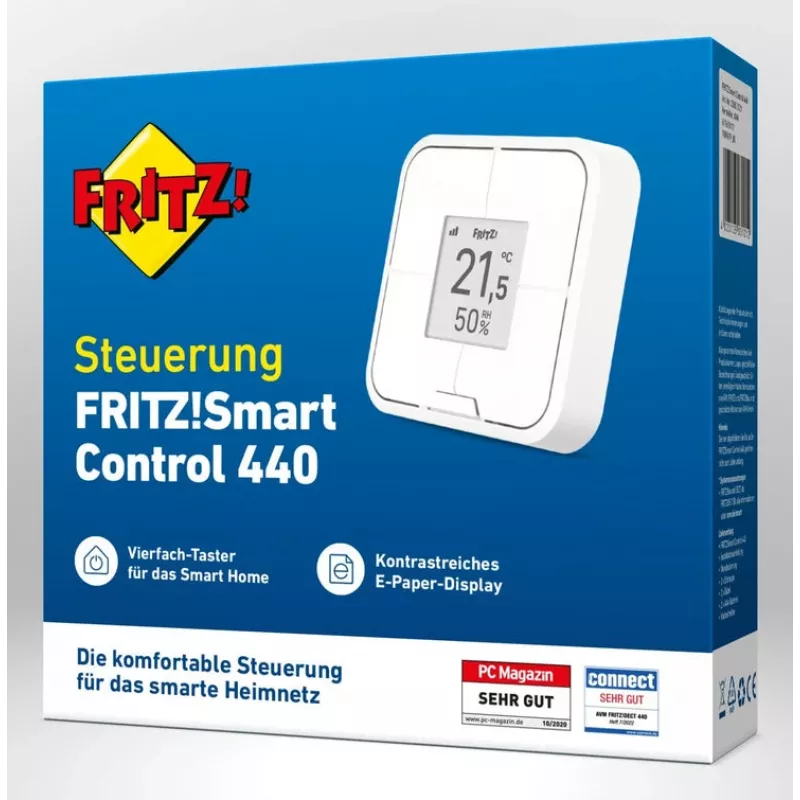 Bezdrôtový inteligentný ovládač na montáž na stenu FRITZ Smart Control 440 — biely, 69×69×18 mm
