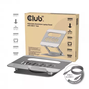 CLUB3D nastaviteľný hliníkový stojan na notebook s USB-C® hubom, sivý, 260 mm, 224 mm, 56 mm, 1,76 kg, 315 mm