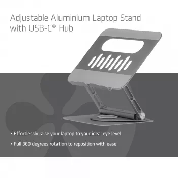 CLUB3D nastaviteľný hliníkový stojan na notebook s USB-C® hubom, sivý, 260 mm, 224 mm, 56 mm, 1,76 kg, 315 mm