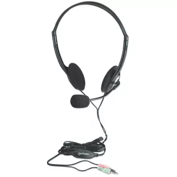 Manhattan stereo On-Ear headset (3,5 mm), ramienko mikrofónu, inline regulácia hlasitosti, penové náušníky, štandardné 2x 3,5-mm stereo jack konektory pre audio/mikrofón, kábel 2 m, čierny, trojročná záruka