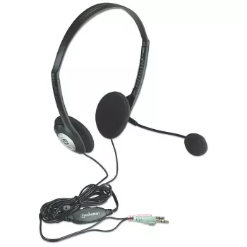 Manhattan stereo On-Ear headset (3,5 mm), ramienko mikrofónu, inline regulácia hlasitosti, penové náušníky, štandardné 2x 3,5-mm stereo jack konektory pre audio/mikrofón, kábel 2 m, čierny, trojročná záruka