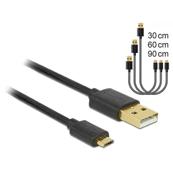Delock Dátový a nabíjací kábel USB 2.0 Type-A na Micro-B, 3-dielna súprava, čierny