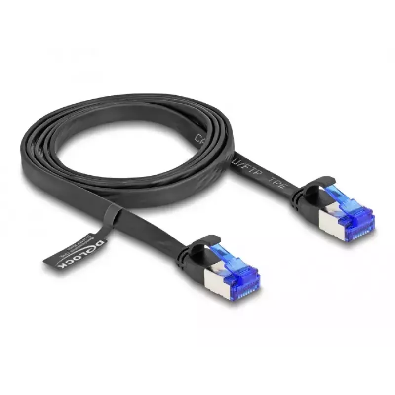 Sieťový kábel DeLOCK RJ45 plochý patch kábel konektor samec na konektor samec Cat.6A 1 m čierny