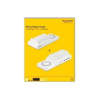 Voľne stojaca nabíjačka DeLOCK USB a bezdrôtová nabíjačka 2 x USB Type-C PD + 3 x USB Type-A so 110 W