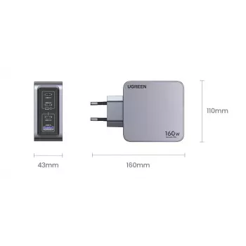 Ugreen Nexode Pro 160W GaN nabíjačka s USB-C káblom univerzálna čierna, sivá AC rýchlonabíjanie interiérová