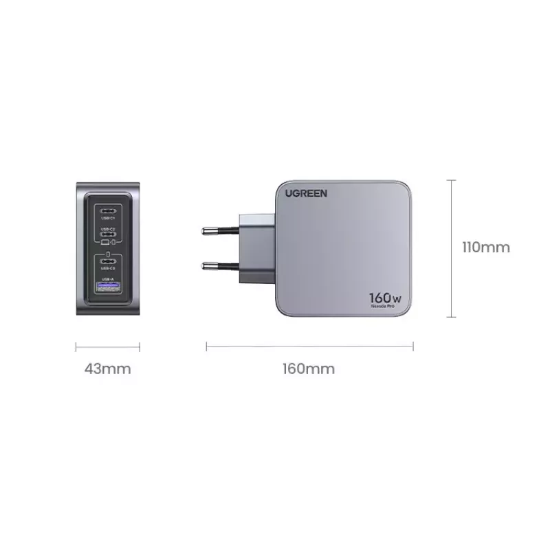 Ugreen Nexode Pro 160W GaN nabíjačka s USB-C káblom univerzálna čierna, sivá AC rýchlonabíjanie interiérová