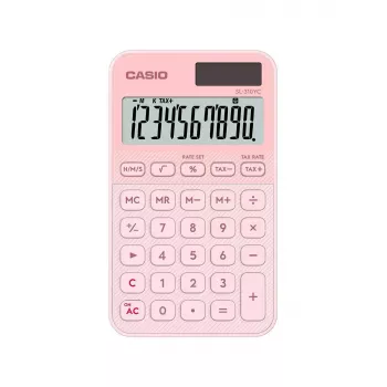 Vrecková základná kalkulačka CASIO SL-310YC — 10 číslic, batéria/solár, daňové a ziskové funkcie, svetloružová