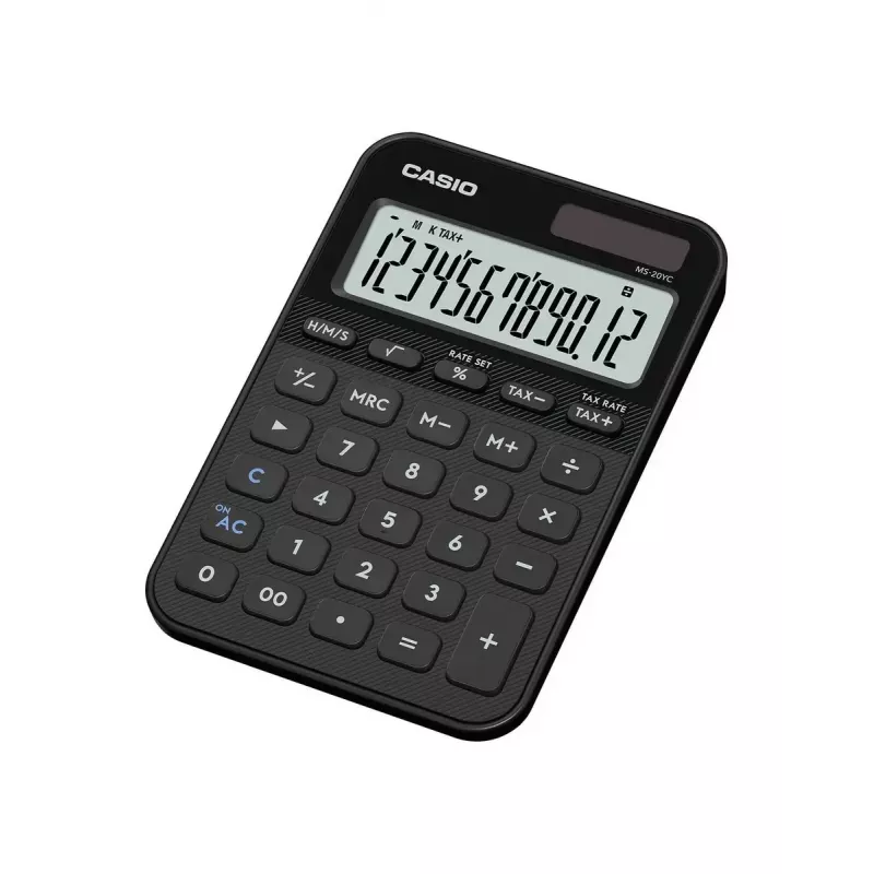 Stolná kalkulačka CASIO MS-20YC — základný model, batéria/solár, daňový a ziskový výpočet, čierna