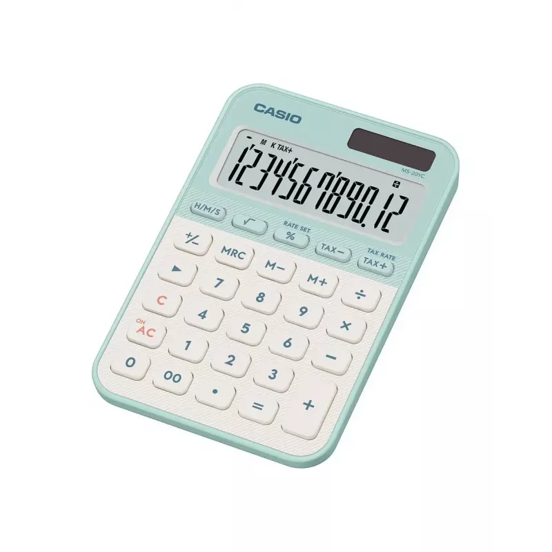 Stolná kalkulačka CASIO MS-20YC — Basic 12-miestna, batéria/solár, daňové a ziskové funkcie, svetlozelená