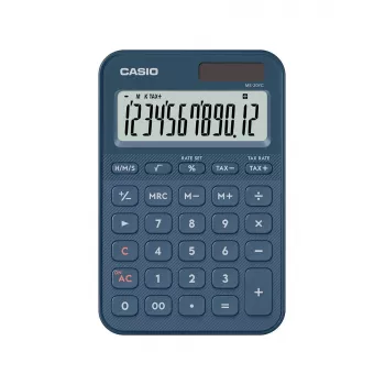 Stolná základná kalkulačka CASIO MS-20YC — 12-miestna, daňové a ziskové funkcie, batéria/solár, tmavomodrá