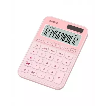 Stolná základná kalkulačka CASIO MS-20YC — 12-miestna, daňové a ziskové funkcie, batéria/solár, svetloružová