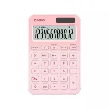 Stolná základná kalkulačka CASIO MS-20YC — 12-miestna, daňové a ziskové funkcie, batéria/solár, svetloružová