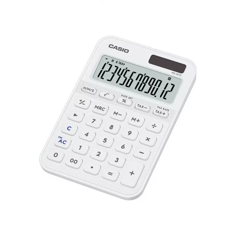 Stolná základná kalkulačka CASIO MS-20YC — 12-miestna, batéria/solár, daňové a ziskové funkcie, biela