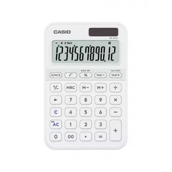 Stolná základná kalkulačka CASIO MS-20YC — 12-miestna, batéria/solár, daňové a ziskové funkcie, biela