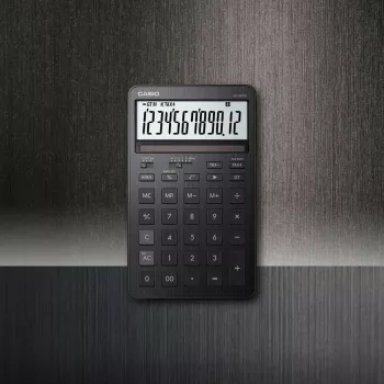 Stolná kalkulačka CASIO JW-200DQ – Basic, 12-miestna, daňové a ziskové funkcie, batéria/solár, čierna