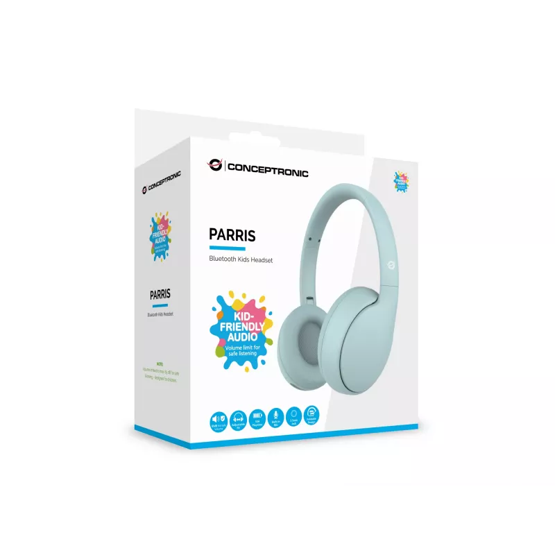 Headset CONCEPTRONIC PARRIS04B — Bluetooth & káblové detské slúchadlá, okolo uší, 20–20 000 Hz, 170 g, svetlomodrá