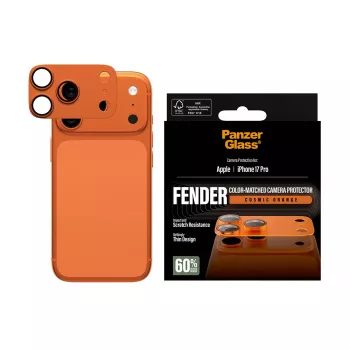 Ochrana fotoaparátu PanzerGlass Fender pre iPhone 17 Pro — silikón, Cosmic Orange, odolná proti poškriabaniu a nárazom