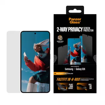 Ochrana displeja PanzerGlass 2-Way Privacy pre Samsung New Galaxy S 2026, Ultra-Wide Fit, PET + silikón, odolná proti poškriabaniu a nárazom
