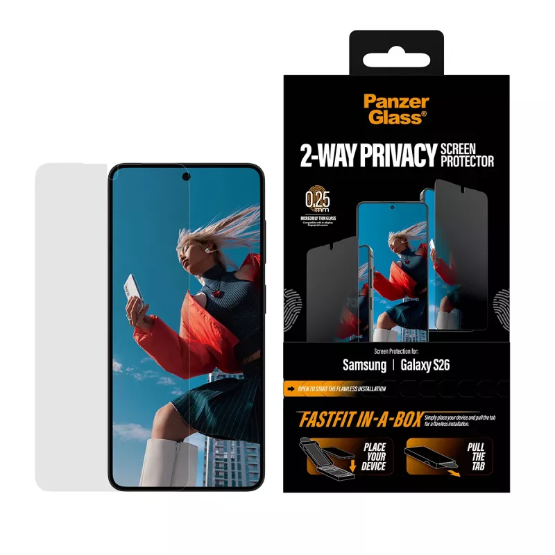 Ochrana displeja PanzerGlass 2-Way Privacy pre Samsung New Galaxy S 2026, Ultra-Wide Fit, PET + silikón, odolná proti poškriabaniu a nárazom