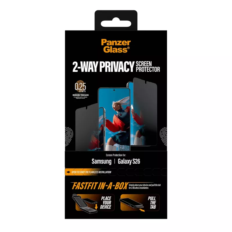 Ochrana displeja PanzerGlass 2-Way Privacy pre Samsung New Galaxy S 2026, Ultra-Wide Fit, PET + silikón, odolná proti poškriabaniu a nárazom