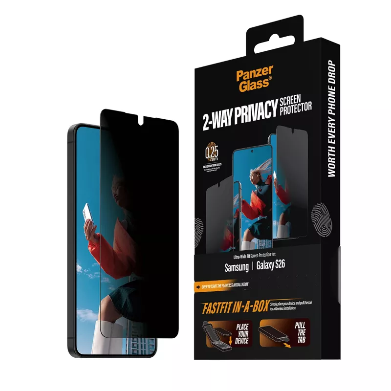 Ochrana displeja PanzerGlass 2-Way Privacy pre Samsung New Galaxy S 2026, Ultra-Wide Fit, PET + silikón, odolná proti poškriabaniu a nárazom