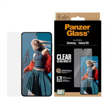 Číra ochranná fólia displeja PanzerGlass pre Samsung Galaxy S26 – Ultra-Wide Fit, PET + silikón, suchá aplikácia