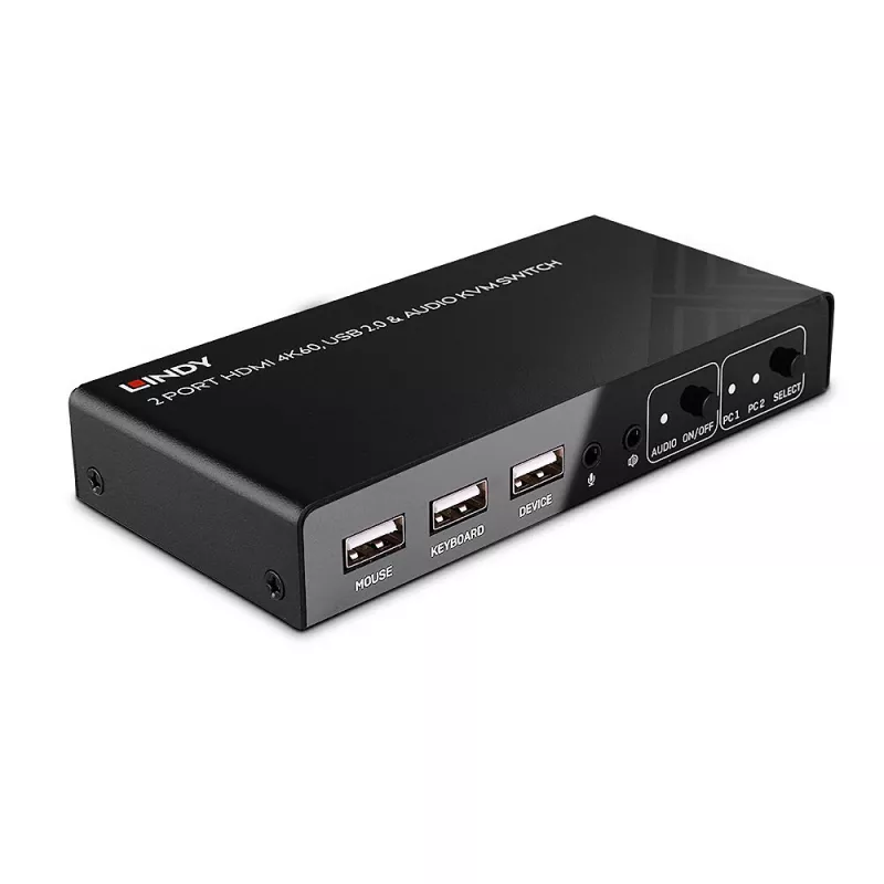 Lindy 2 Port HDMI 4K60, USB 2.0 a audio KVM switch, 4096 x 2160 pixelov, 4K Ultra HD, čierna