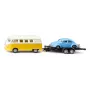 Sada modelov áut Siku VW T1 s prívesom a VW Chrobák, zmontované 1:50, veľkosť 42×200×51 mm